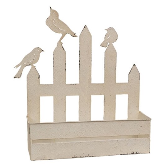 Slickblue; Antique White Metal Fence Planter with Birds Wall or Freestanding Garden Decor; Category:Spring Vases, Containers and Hangers; Image:1